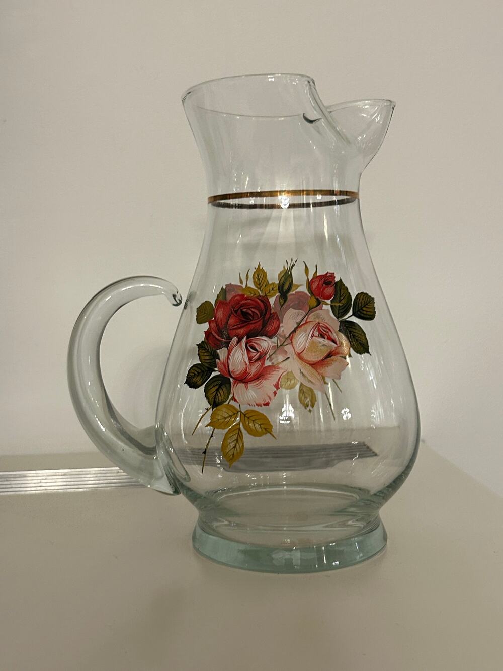 Vintage West Virginia Glass Rose Pitcher with Ice Lip 10" Old country Large
